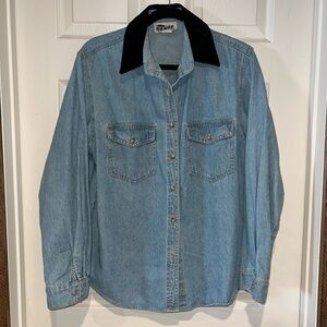 Vintage 90s Sense Long Sleeve Blue Jean Button Up Shirt With Black Velvet Collar
